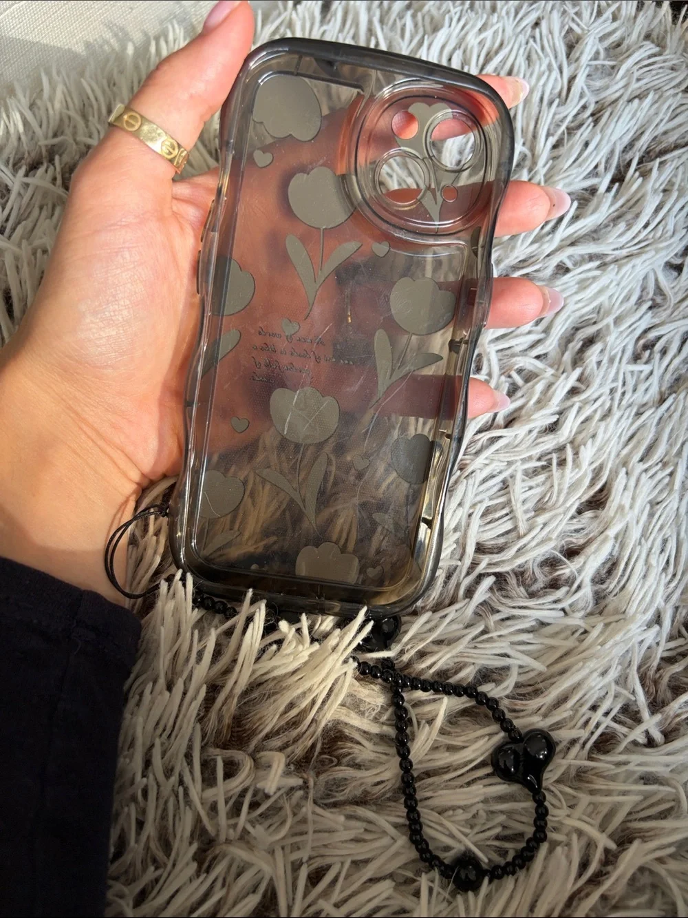 Transparent Black Floral iPhone 13 Case with Heart Chain Strap